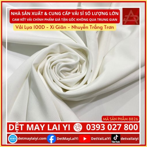 Vải Lụa 100D - Xi Giãn-Nhuyễn Trắng Trơn